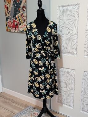 Super Soft Black Wrap Dress with Yellow Floral Print